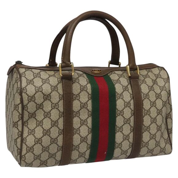 GUCCI GG Supreme Web Sherry Line Boston Bag Pvc Beige Red 010 378 - Picture 1 of 16